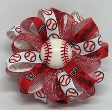 Hair Bow 3 1/2" Wide Flower St Louis Cardinals Baseball Barrette/Alligator Clip