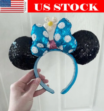 Disney- Parks Teal Polka Dot Minnie Ears Sequin Headband Hat with Flower   