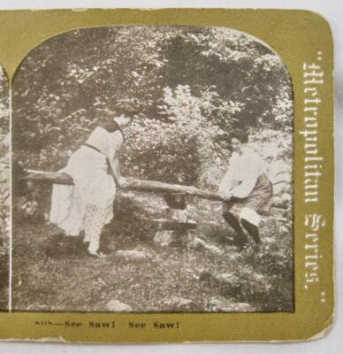Stereoview Metropolitan Series 808 See Saw Two Women Playing On Log & Rocks (O)