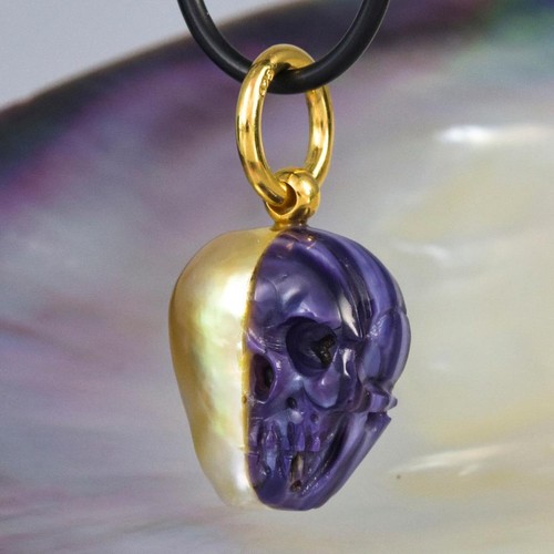 Skull IN Süd See Perle Anhänger Geschnitzter Lila Muschel Vermeil Sterling 7.56g - Bild 11 von 14