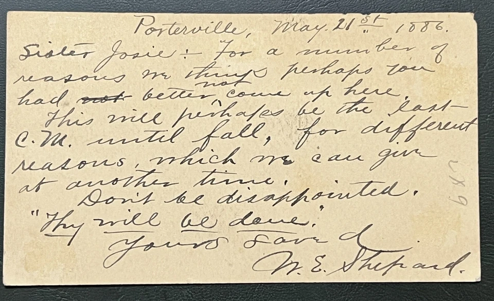 TULARE, CALIFORNIA RECEIVED BLUE CANCEL ON 1886 PORTERVILLE POSTAL CARD - Image 3 of 3