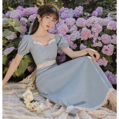 Women Short Puff Sleeve Midi Dress Square Neck Short Sleeve Lace Patchwork  | eBay