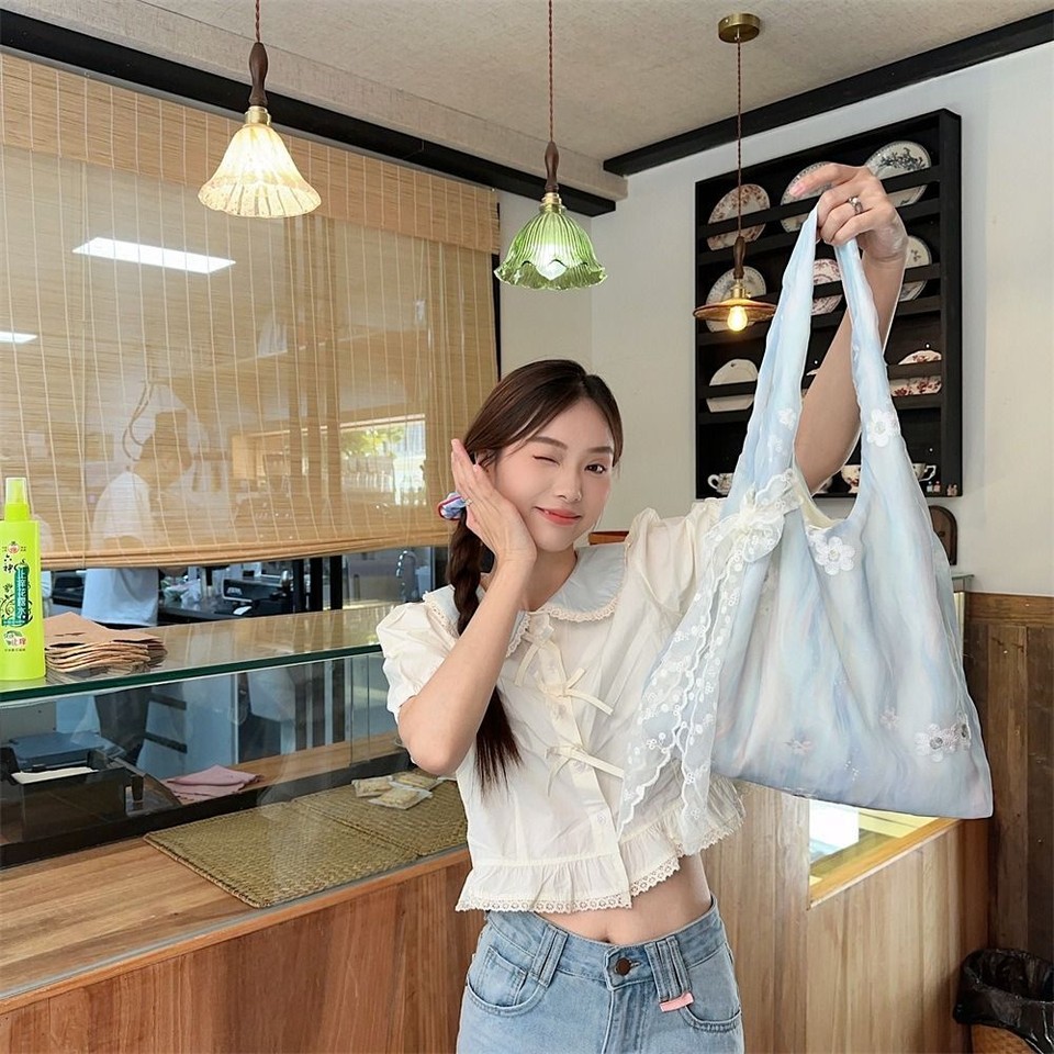 with Lace Ribbon Vacation Tote Bag Fresh Color Shoulder Bag Travel eBay
