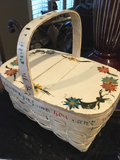 Vintage 1950's BERT FREIDUS Hand Painted White Basket Purse Wood Hinged Lid Red