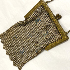 Vintage 1920's metal mesh purse Art Deco geometric white enamel blue gold flaws