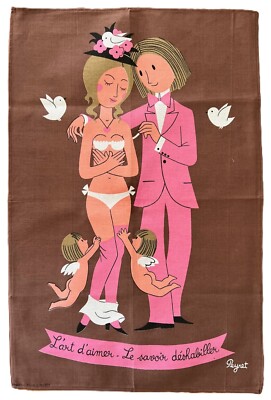 Raymond Peynet Linen Tea Towel French Lovers L'art d'aimer Le savoir deshabiller