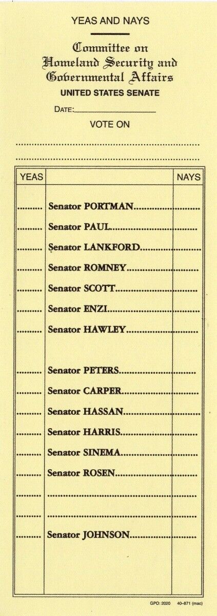 2020 United States Senate Homeland Security Voting Cards