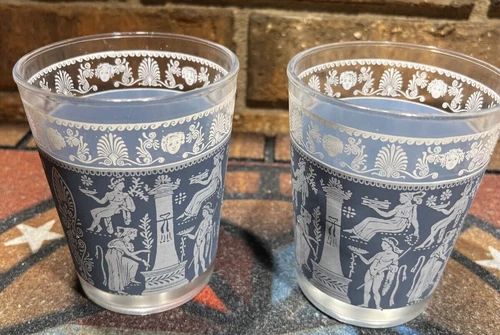 Vintage Set of 2 Jeannette Hellenic Blue Glasses, 4.5” Tall