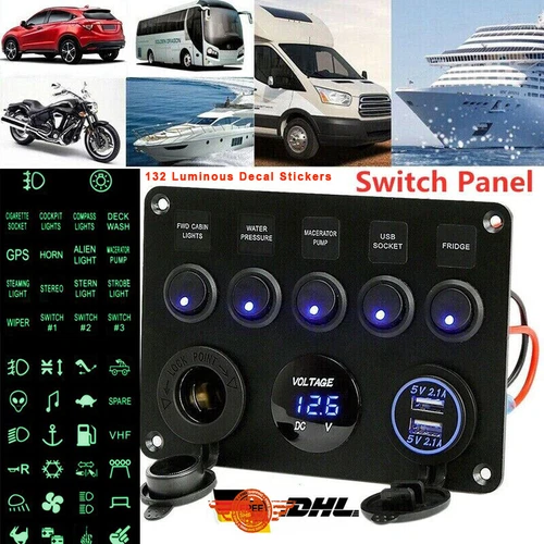 5 Gang LED Schaltpanel für Auto Boot Schalter Schalttafel Voltmeter USB 12V NEU - Bild 2 von 9