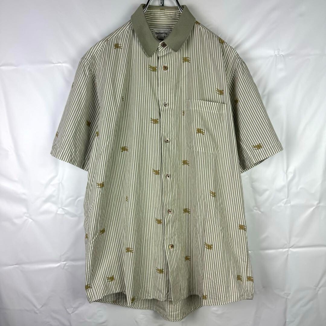 BURBERRYS Short sleeve Shirt Striped Horse Logo Green Cotton Men Size MA Used