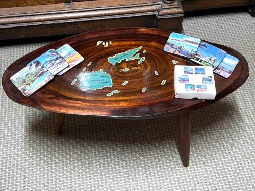Vintage Mid Century Map of FIGI Islands Live Edge COFFEE TABLE & Drink Coasters - Picture 1 of 10