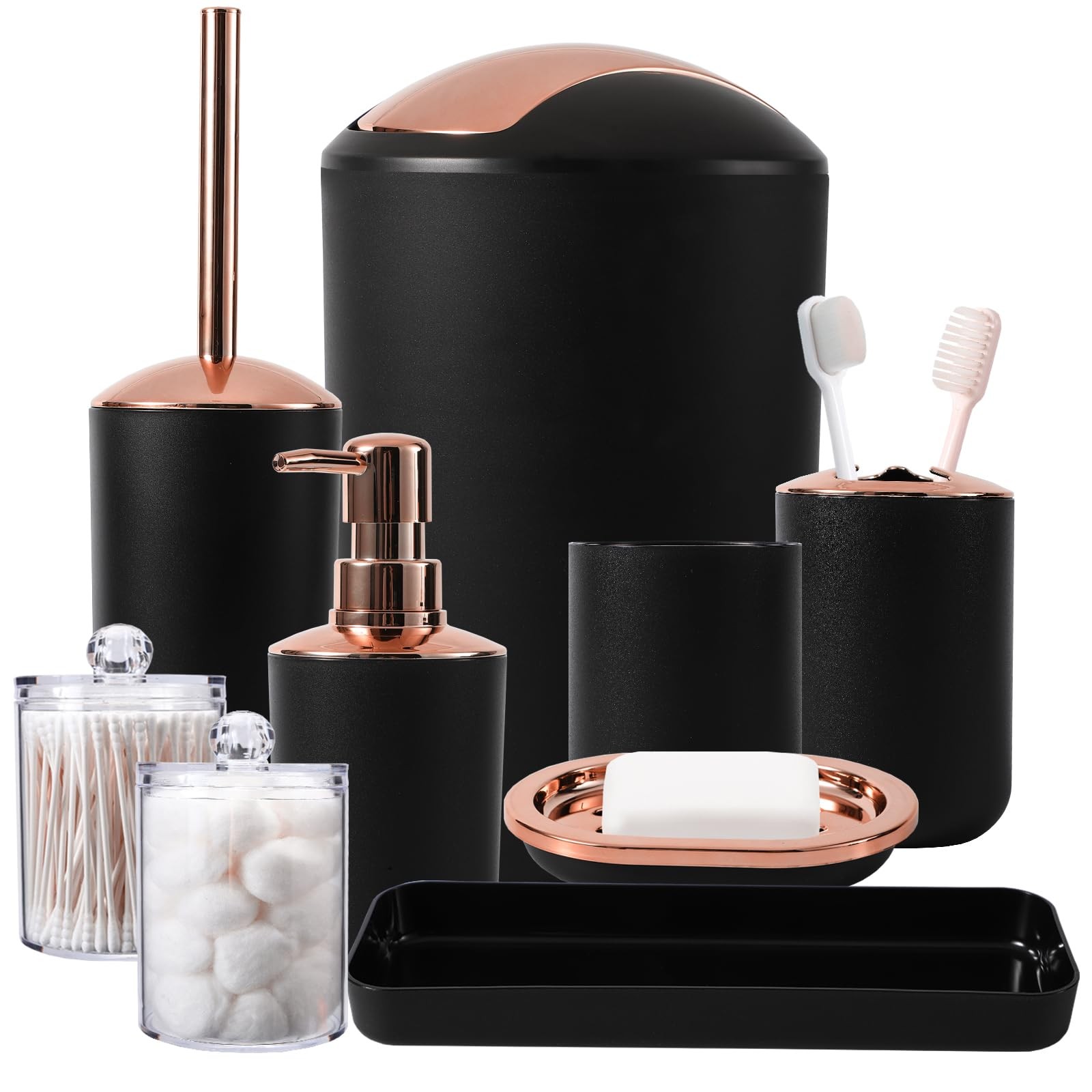9-Piece Black Bathroom Accessory Set with Trash Can, Soap Dispenser, and Dish