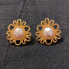 Vintage Avon Gold Tone Pastel Pink Faux Pearl Floral Stud Statement Earrings