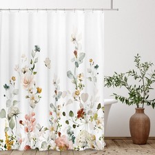 Colorful Blooming White Floral Shower Curtain Sets, Watercolor Pink Red Flowe...