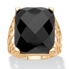 Checkerboard Cut Genuine Black Onyx 14k Yellow Gold-Plated Sterling Silver Ring