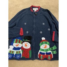 Tiara international full zip Christmas snowman sweater blue with red accents XL