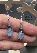 Sapphire  Aquamarine Genuine Stone .925 Hand Stamped Sterling Silver Earrings