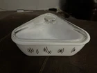 Mid Century Inland Glass White Triangular 2 Qt Casserole Dish with Warmer Stand