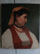 tableau ancien huile à restaurer portrait jeune femme italienne -Napolitaine XIX