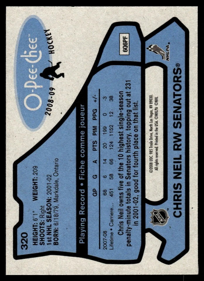 2008-09 O-Pee-Chee 1979-80 Retro Chris Neil Ottawa Senators #320 - Image 2 of 2