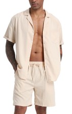 Men's Linen Shirts Shorts Outfits Beach 2 Pieces Sets Button Down Suit Casual...