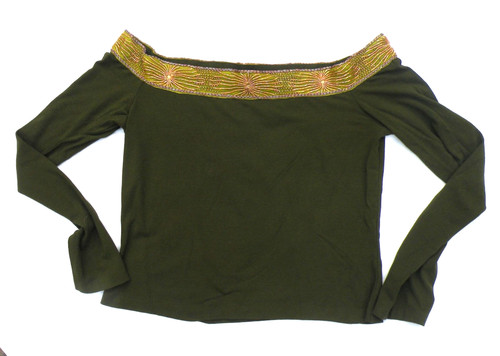 Romeo Gigli, Romeo Gigli green top IT46 L iconic beaded ribbon off shoulder Italy Vintage 90s
