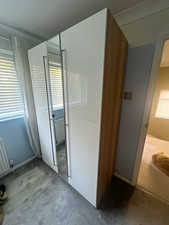 IKEA PAX 3 Door Freestanding Wardrobe White & Light Wood, Mirror & Komplement