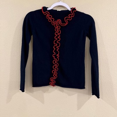 Il Gufo Cardigan Kids 12Y Navy Blue Red Ruffle Trim Virgin Wool Chic