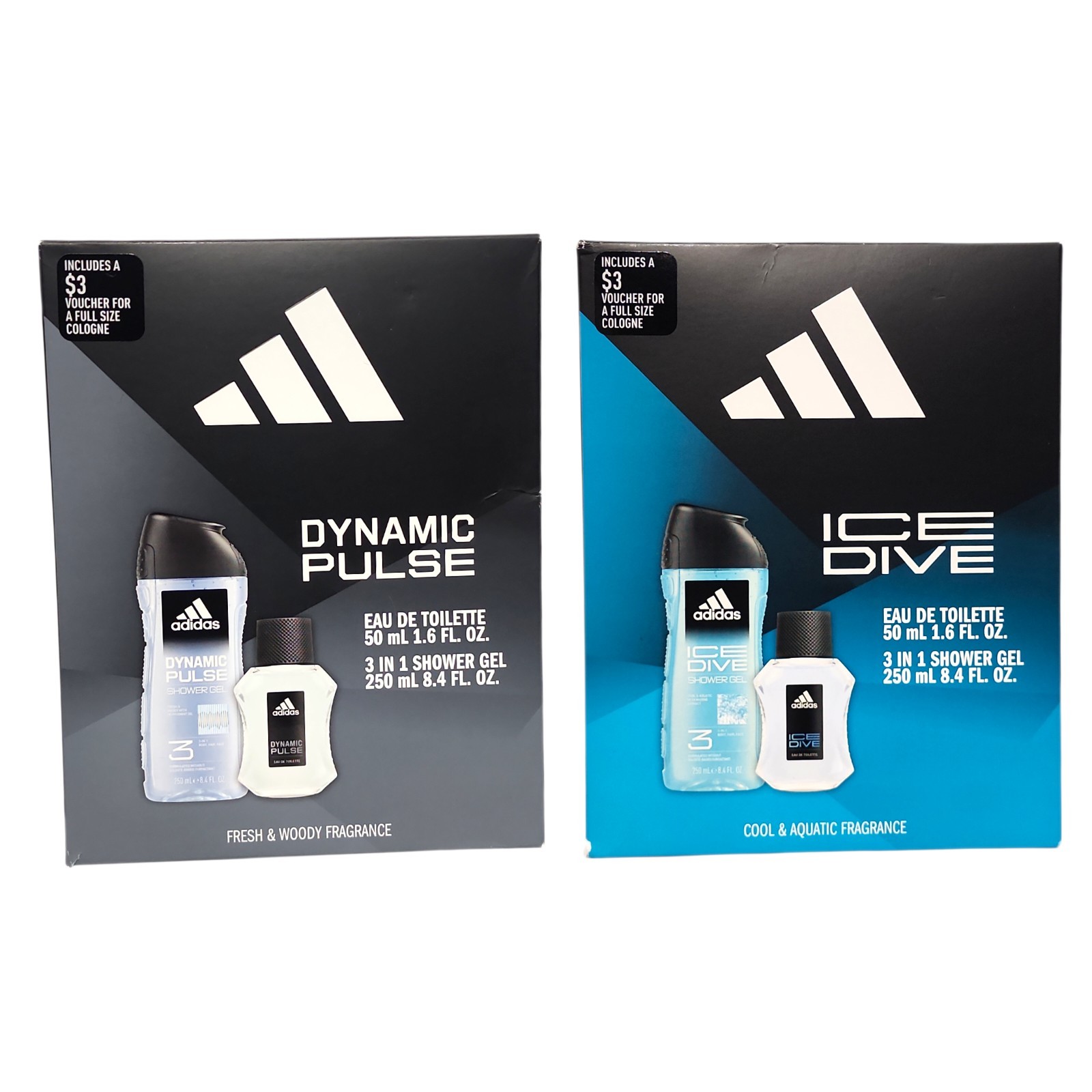 2 Adidas Ice Dive & Dynamic Pulse Gift Set Shower Gel, Body Fragrance Bundle Set