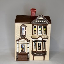 Vintage Hand Painted Victorian House Cookie Jar & Lid 9.75&rdquo; Tall Artist Signed