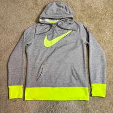 Nike Therma Fit Hoodie Womens Size M Volt Neon Swoosh Gray Sweatshirt Thumb Hole