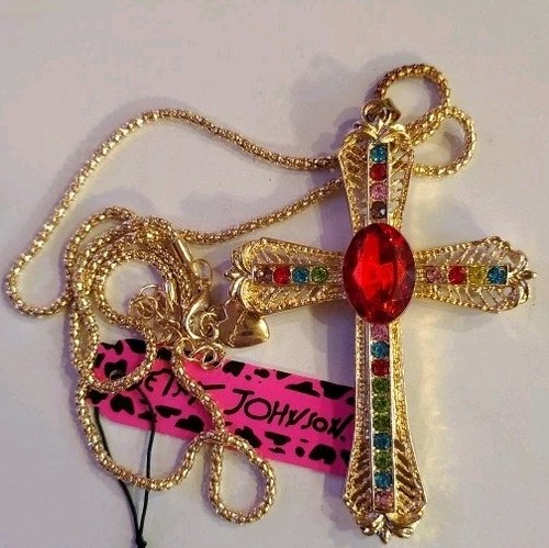 Betsey Johnson Large Gold Filigree Cross Necklace Multi Color Crystals