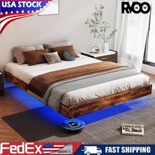 Floating Bed Frame Queen size LED Lights Metal Platform No Box Spring Needed