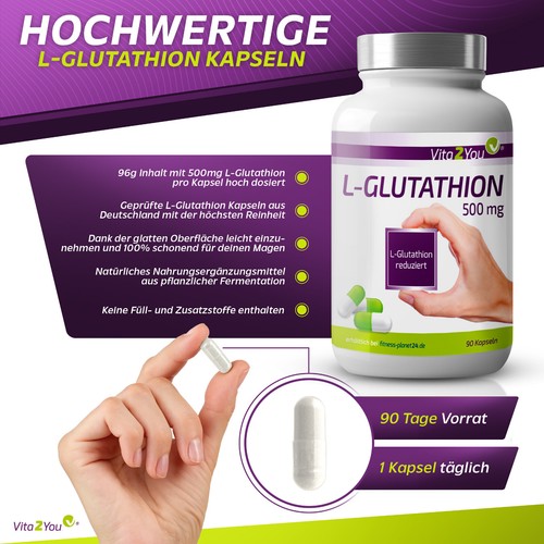 Vita2You L-Glutathion 500mg - 90 Kapseln - reduziert und bioaktiv - hochdosiert - Bild 2 von 7