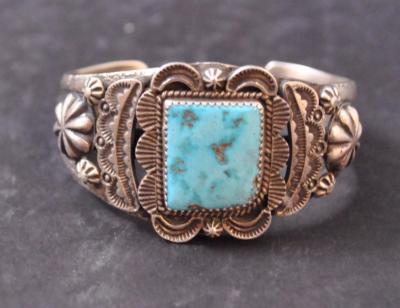 Navajo Native American Sand Cast Turquoise With Matrix SS 925 Cuff By James King