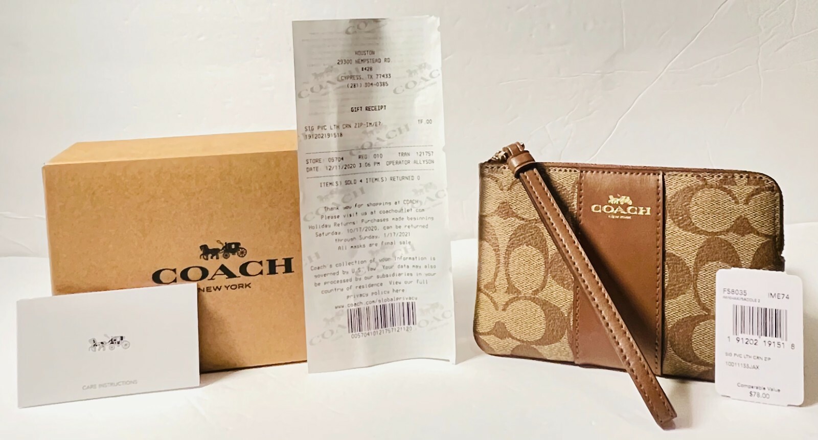 COACH Corner Zip Wristlet Signature Khaki Brown Wallet Woman BRAND NEW