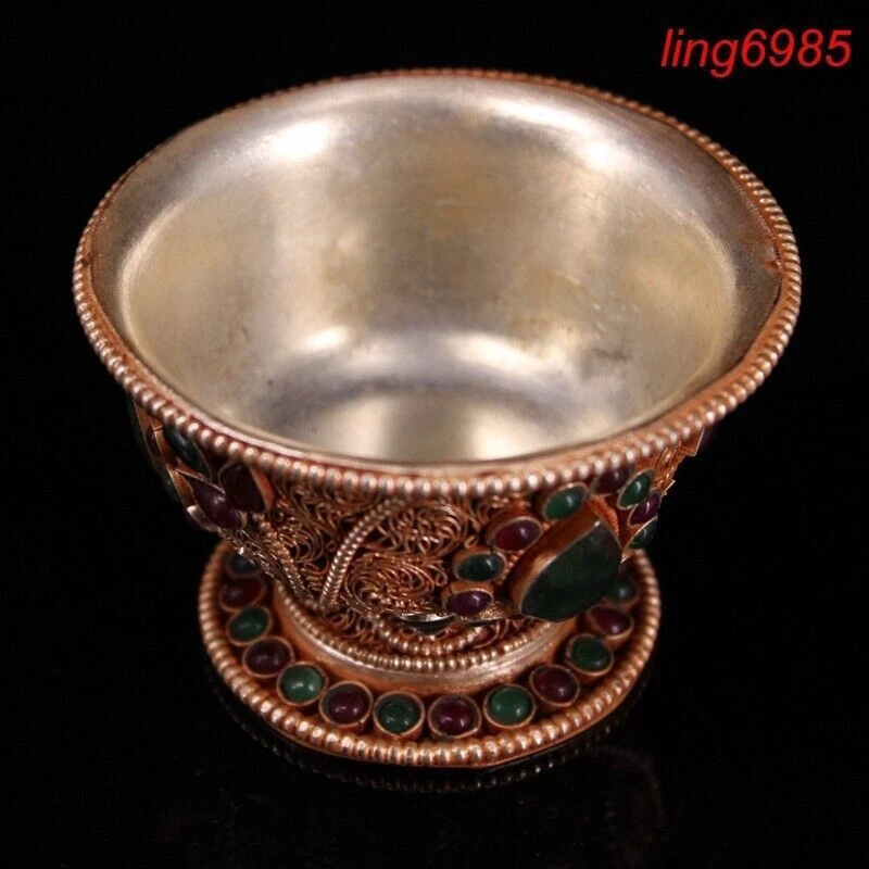 Antigua dinastía tibetana plata filigrana incrustación gema taza de té tazón cuencos estatua Foto 3 de 4