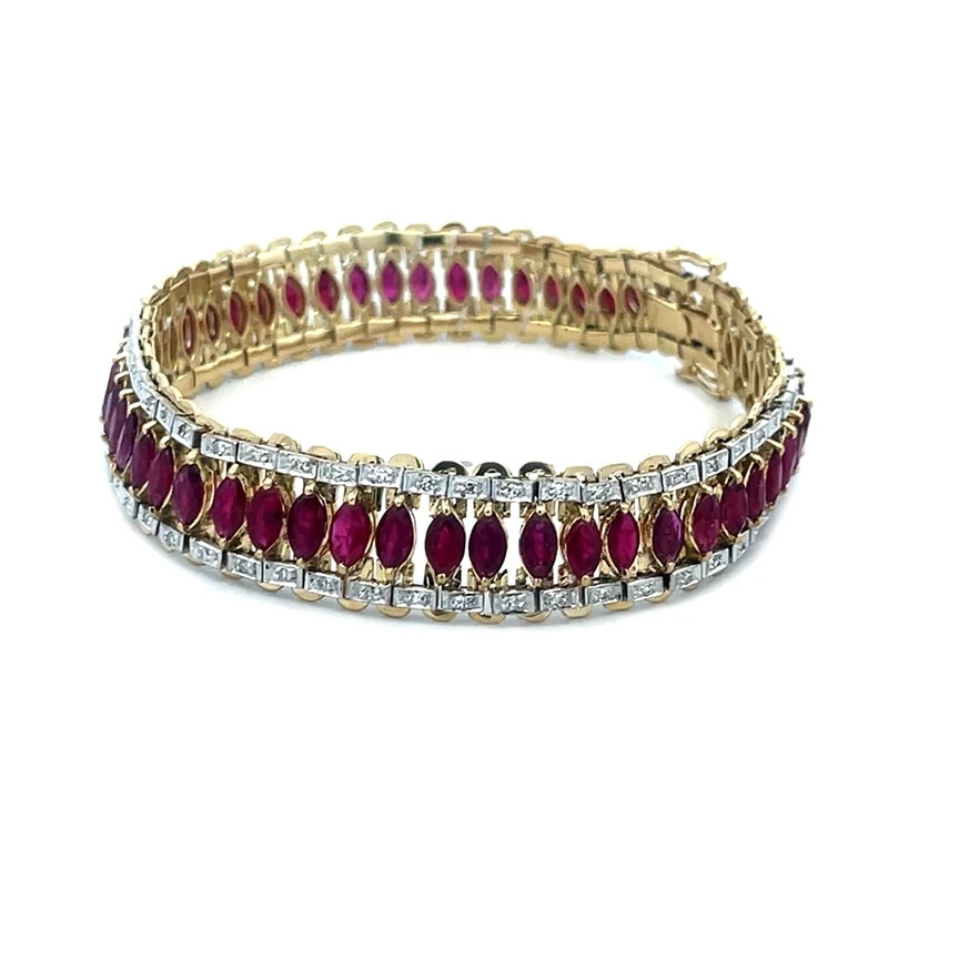 Ruby Diamond Gold Bracelet 18k Two Tone Wide Marq… - image 4