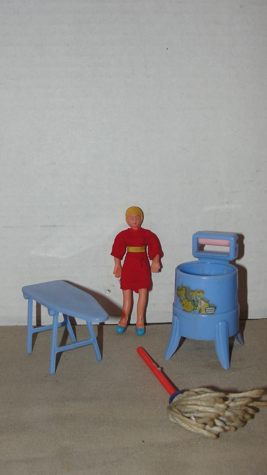VINTAGE RENWAL DOLL HOUSE WASHER & IRONING BOARD W/DOLL-image