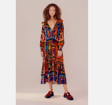 Farm Rio Patchwork Tapestry Ankle Maxi Dress XS Ruffle Neck Tiered NWT