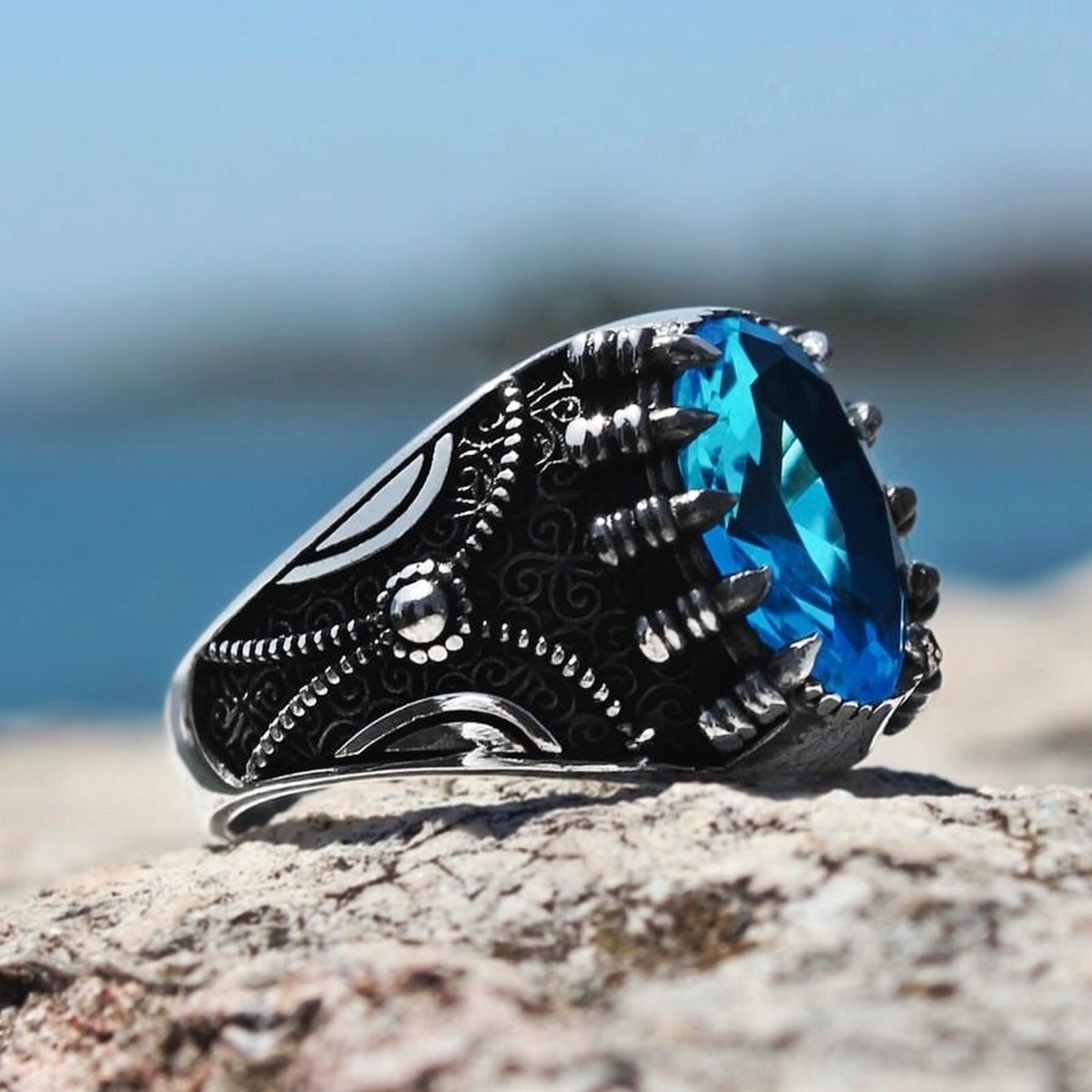 Solid 925 Sterling Silver Jewelry Aquamarine Gemstone Claw Men's