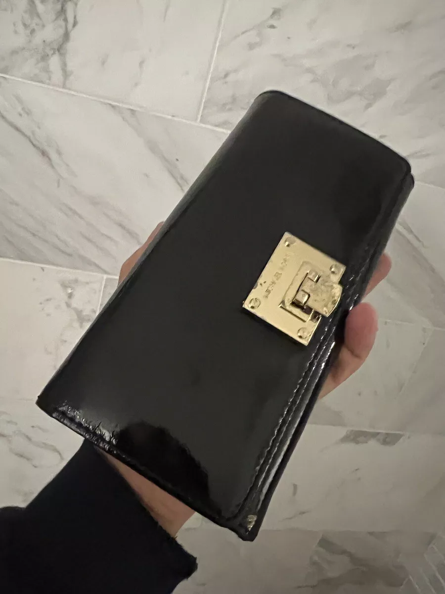 Michael Kors Wallet Womens Black Leather Shiny Travel Bifold Zip Clutch 8 X 4