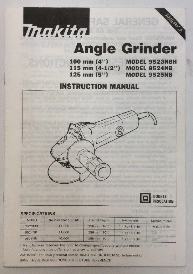 Makita Angle Grinder Instruction Manual Model 9523NBH 9524NB 9525NB  UsedToolShop eBay