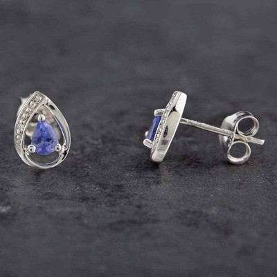 Gebraucht Hand 9 Karat Weißgold 0,12 Karat Tansanit & Diamant birnenförmiger Nieten Ohrstecker...