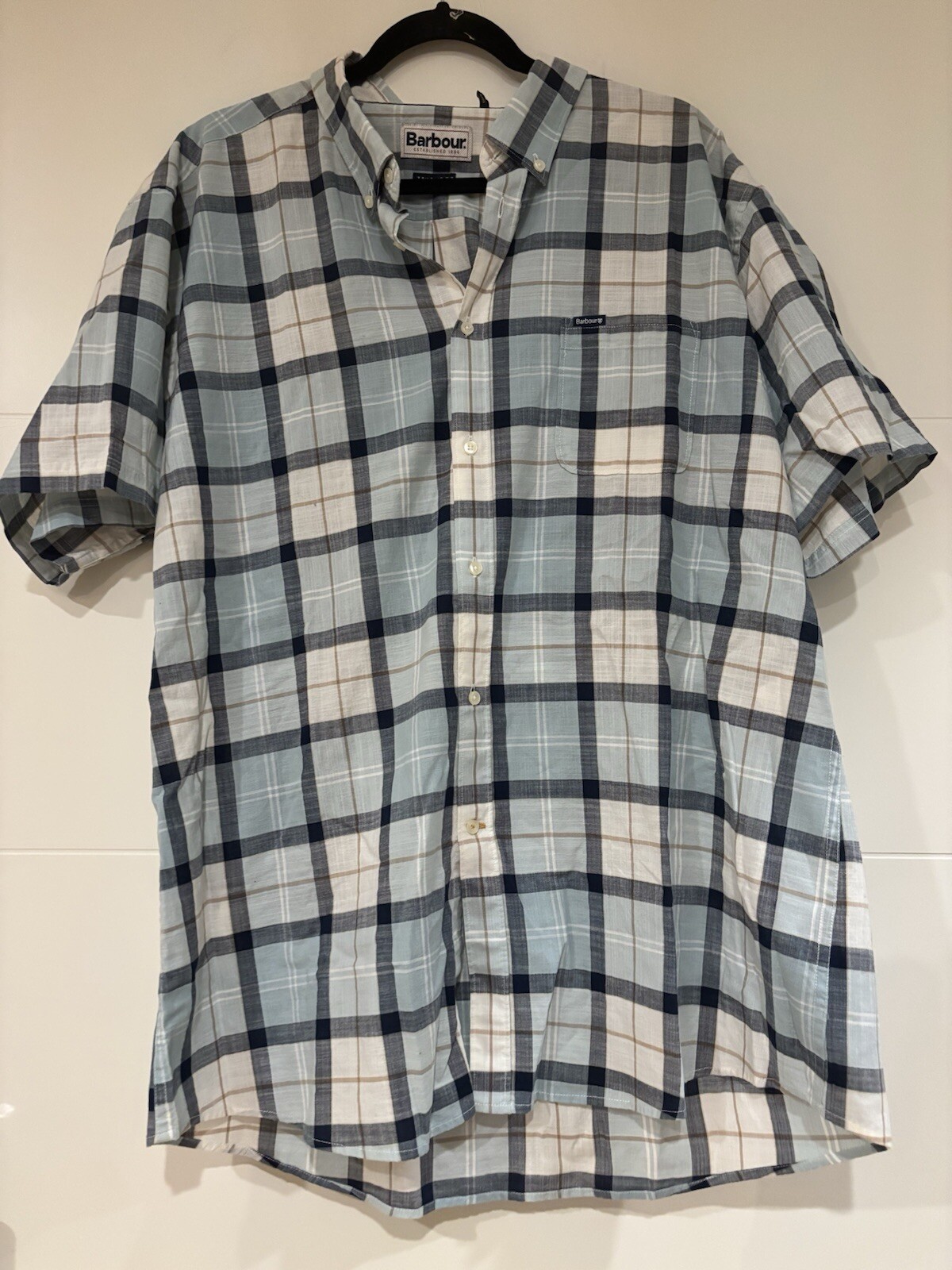 Barbour Men's Crossfell Button Down Tailored Shirt Ecru Blue XXL