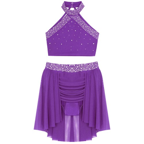 UK Girls Lyrical Dance Costume 2 Pc Halter Backless Crop Top with Skirt Outfit - Picture 44 of 105