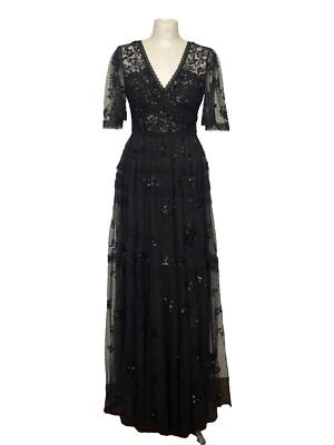 Needle & Thread black gown sequin lace tulle UK8 US4 BNWT formal long maxi dress