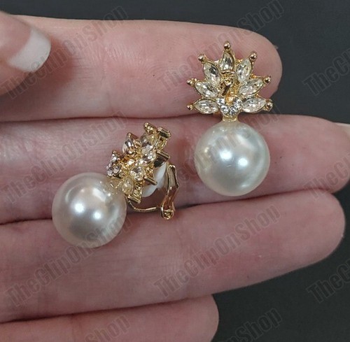 CLIP ON 2cm RETRO EARRINGS gold tone PEARL&CRYSTAL marquis rhinestone vintage - Picture 4 of 11