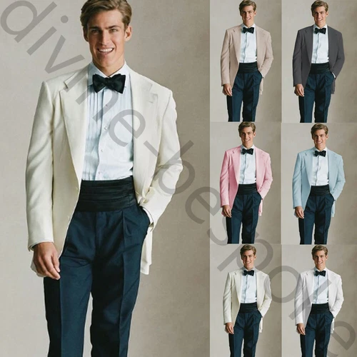 Handsome Men's Suits British Style Wedding Party Banquet Jacket Pants Slim Fit - Picture 1 of 26