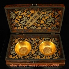 15.2" ancient Tibetan copper Gilt flowerpot Double fish Bowl Bowls pair